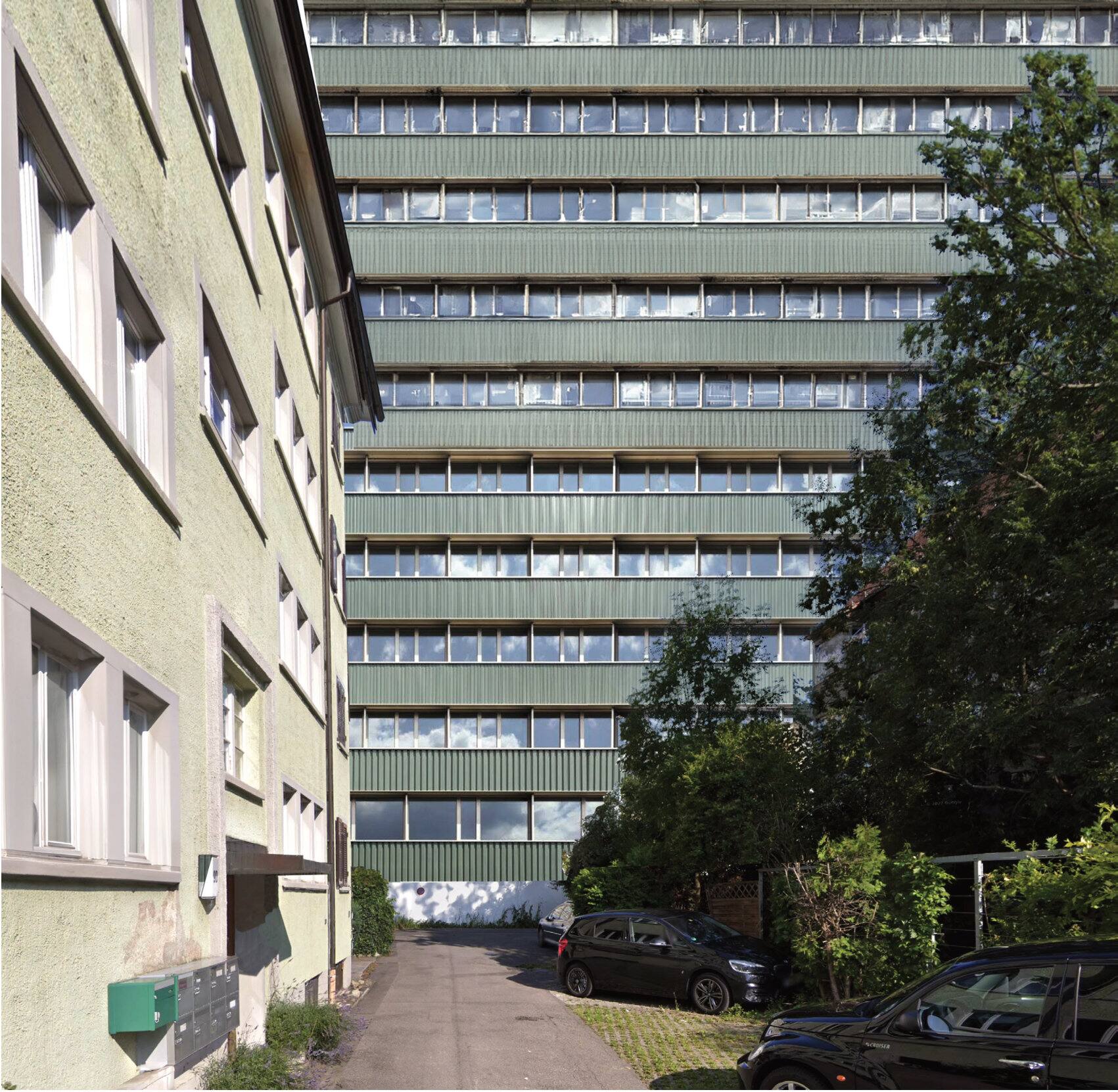 Photo collage: office slab walling up against the residential neighbourhood
