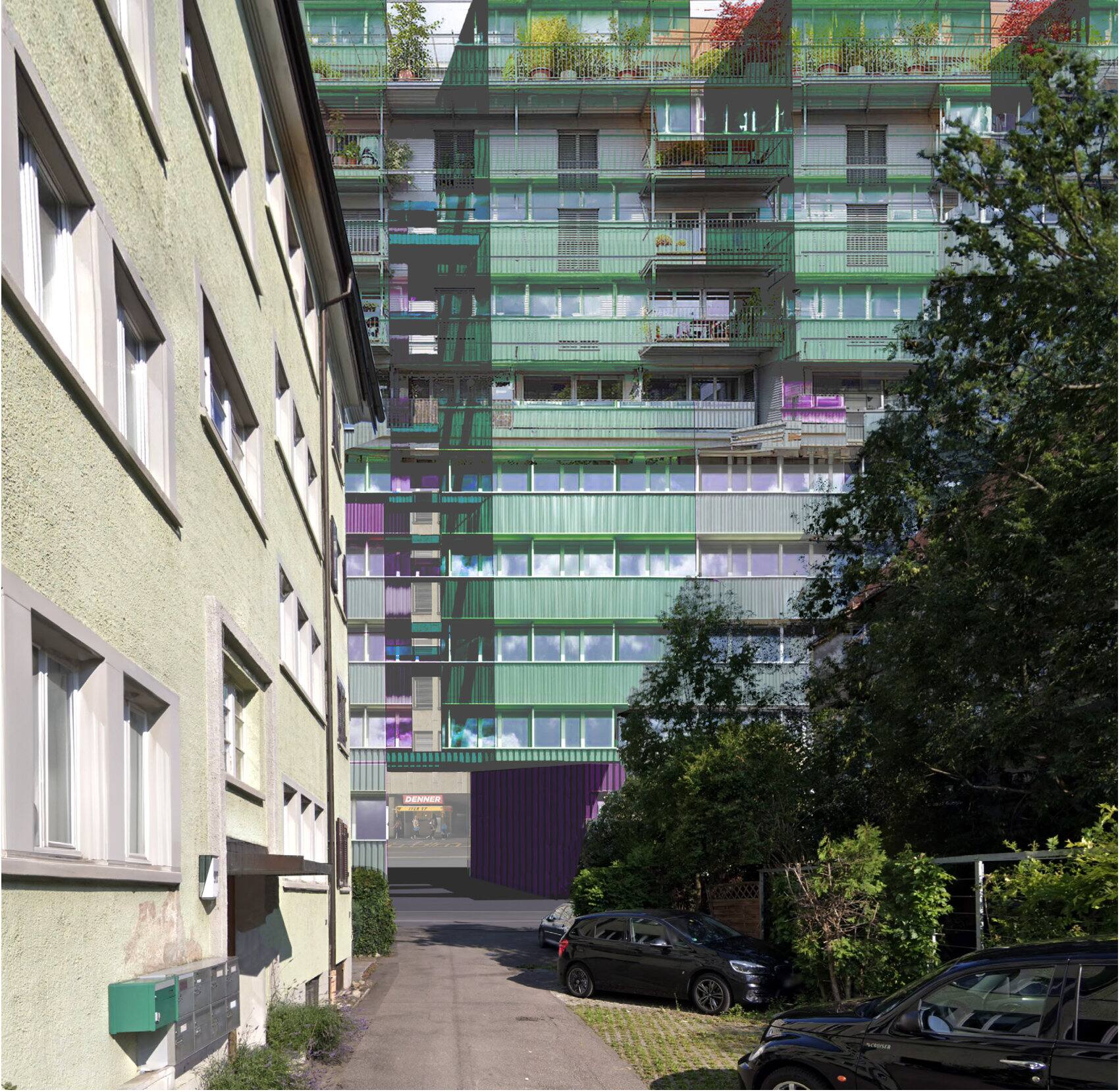 Collage of the desired border condition: inhabited industrial structure with balconies and greenery