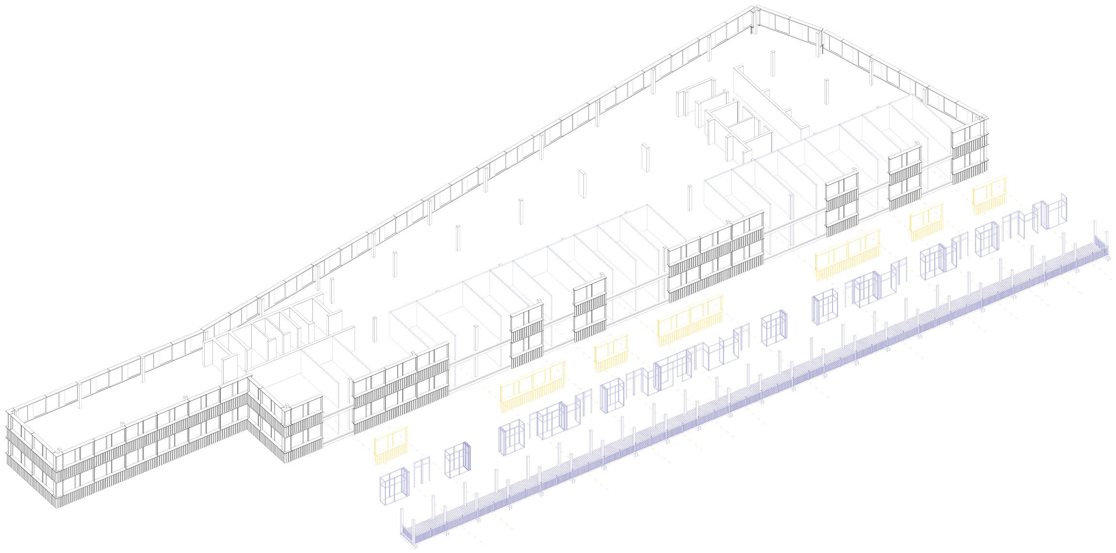 Exploded axonometric of the transformation: existing facade system, claimed living spaces, added serving structure