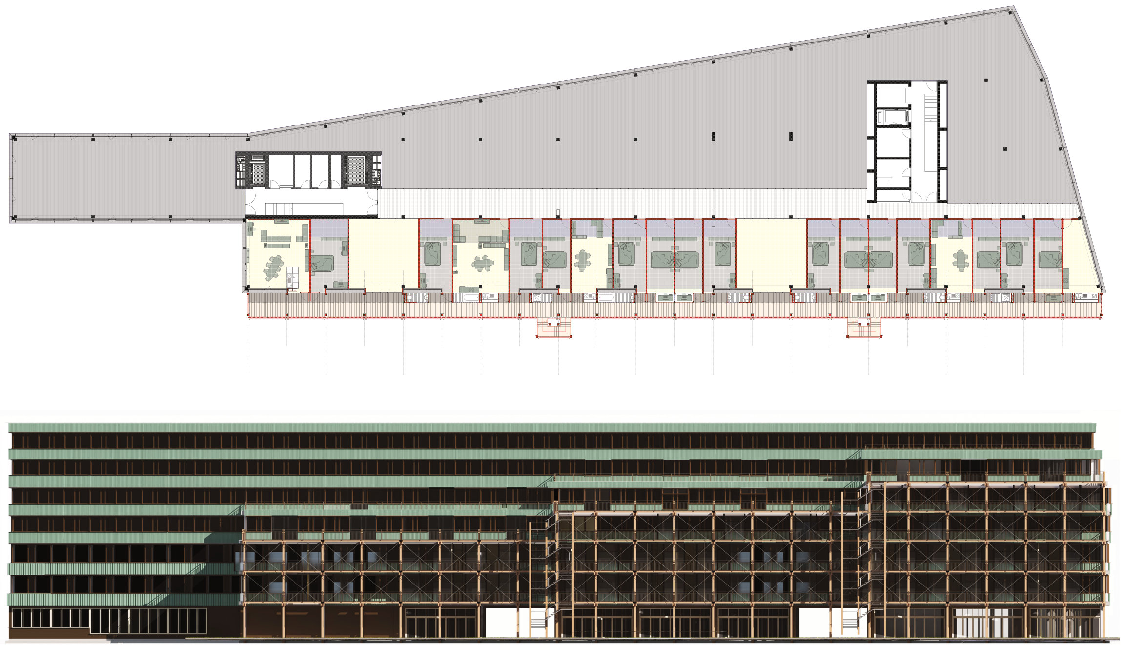 Floor plan and elevation of the transformed building