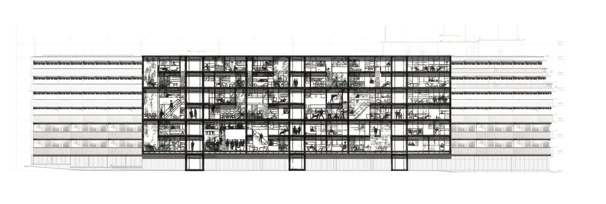 Elevation collage of the Bande Actif within the long facade