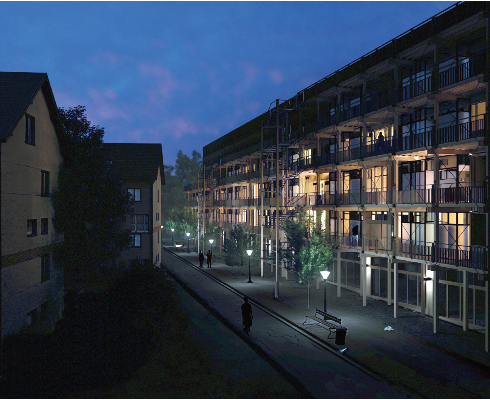 Night render of the street space along the new dwellings