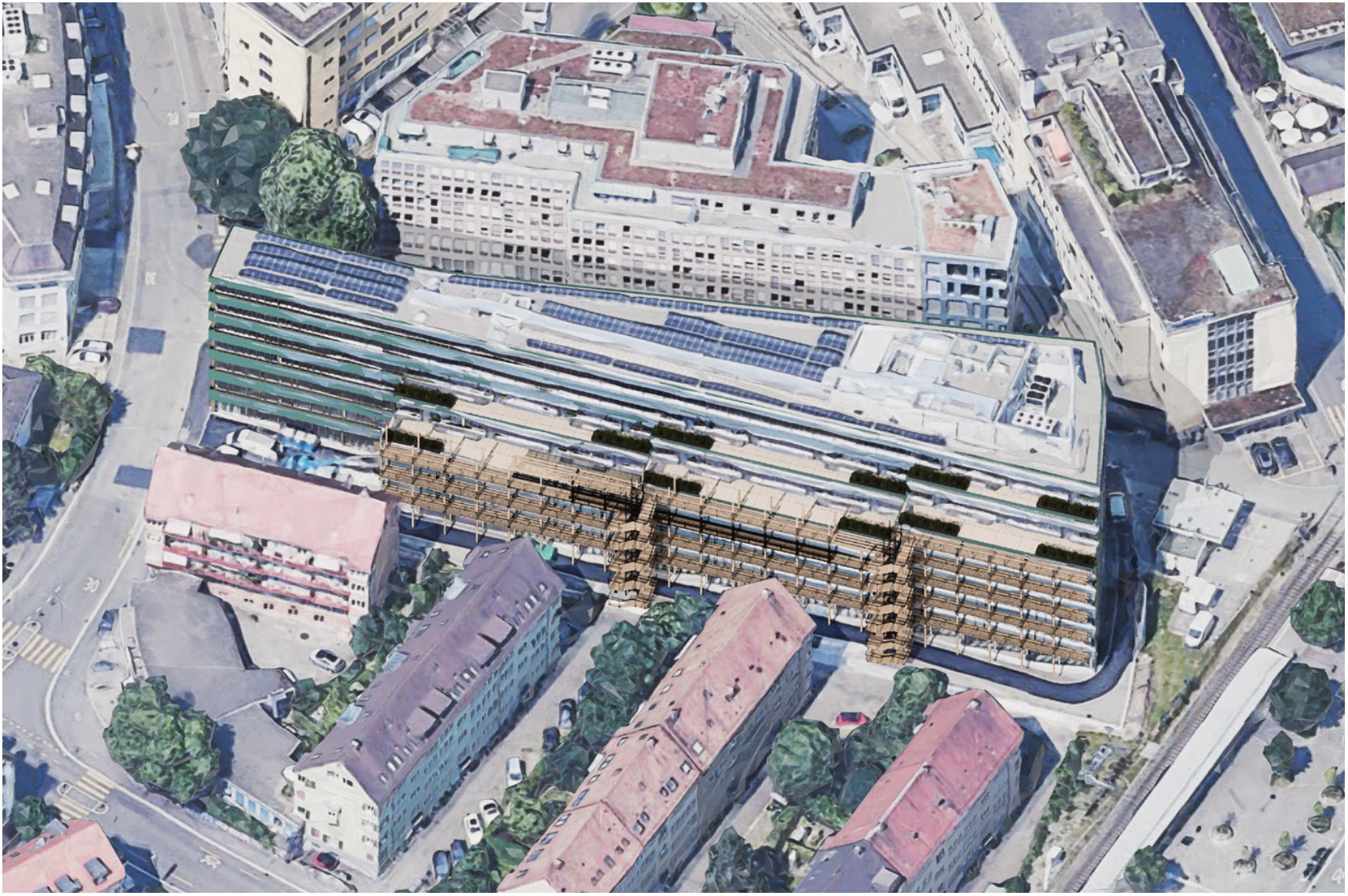 Aerial photomontage of the transformed building in the Binz fabric