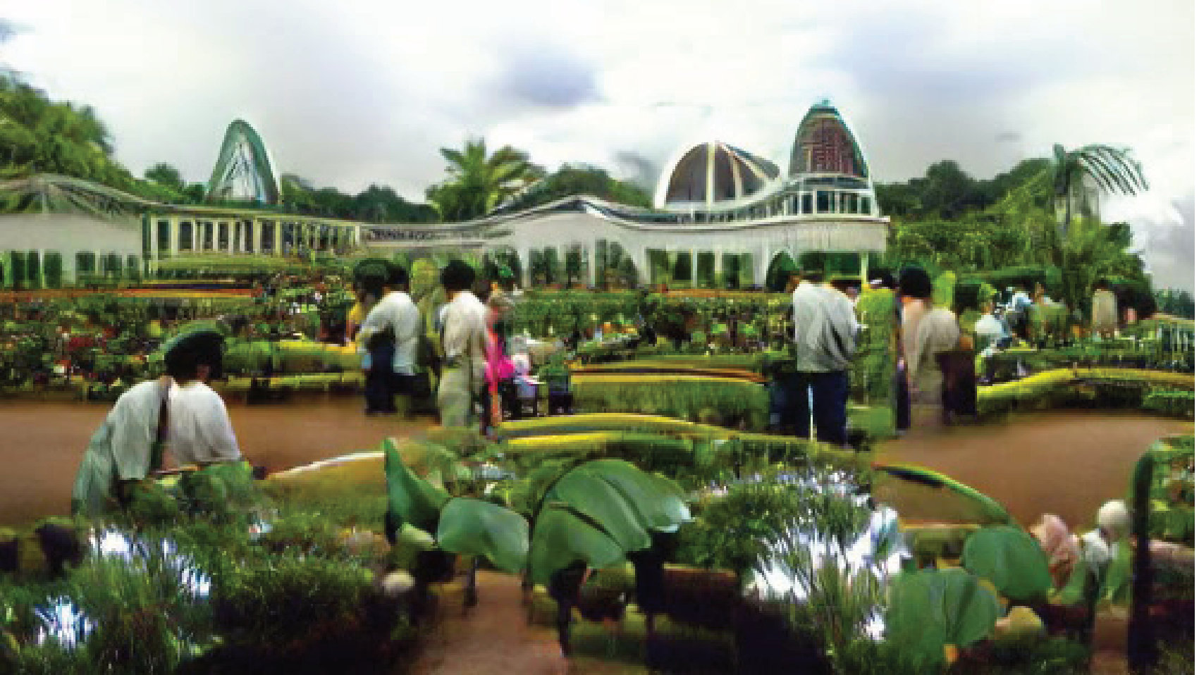 Generated image: garden pavilions with people