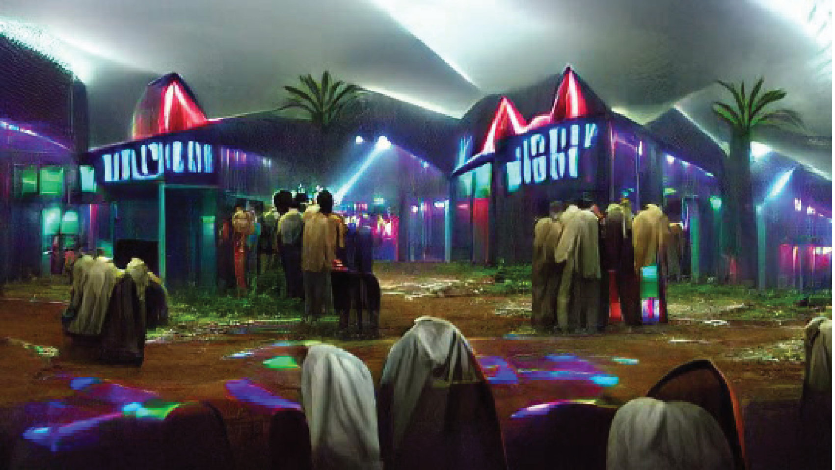 Generated image: neon-lit gathering at night