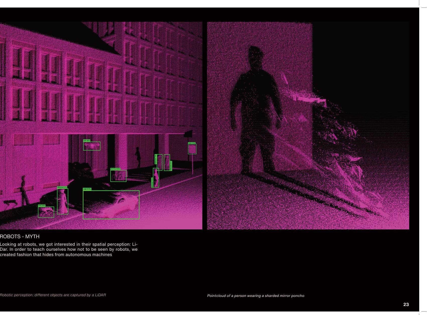 Magenta LiDAR pointclouds: a street scene with object detection boxes, and a person wearing a sharded mirror poncho dissolving into points