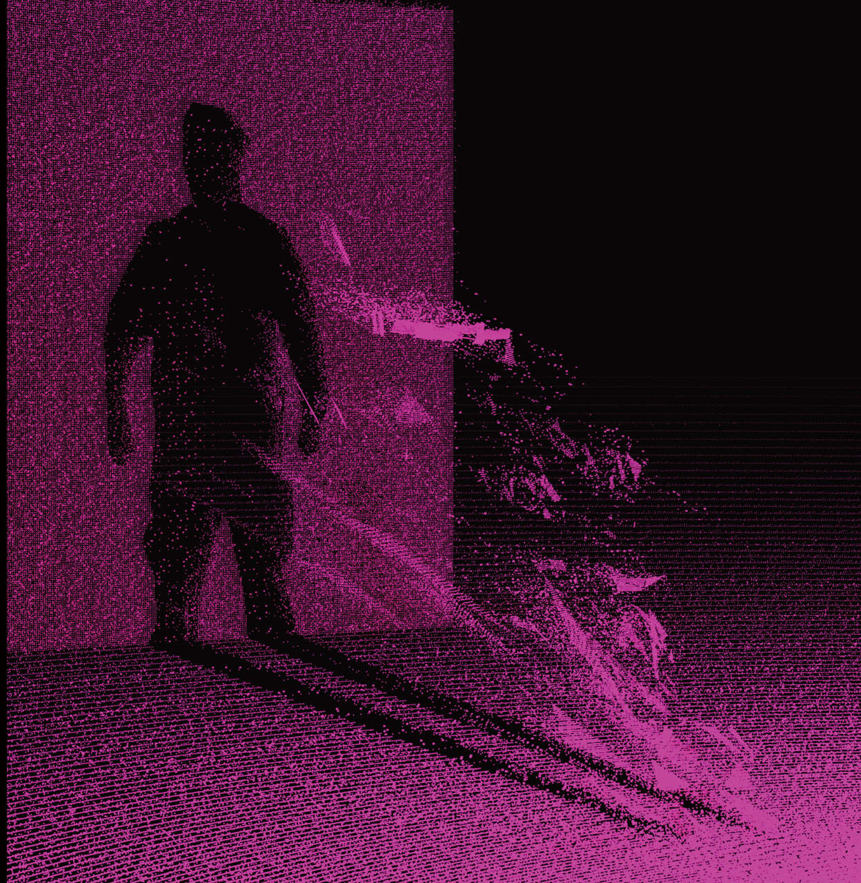 Pointcloud of a person wearing a sharded mirror poncho dissolving into points