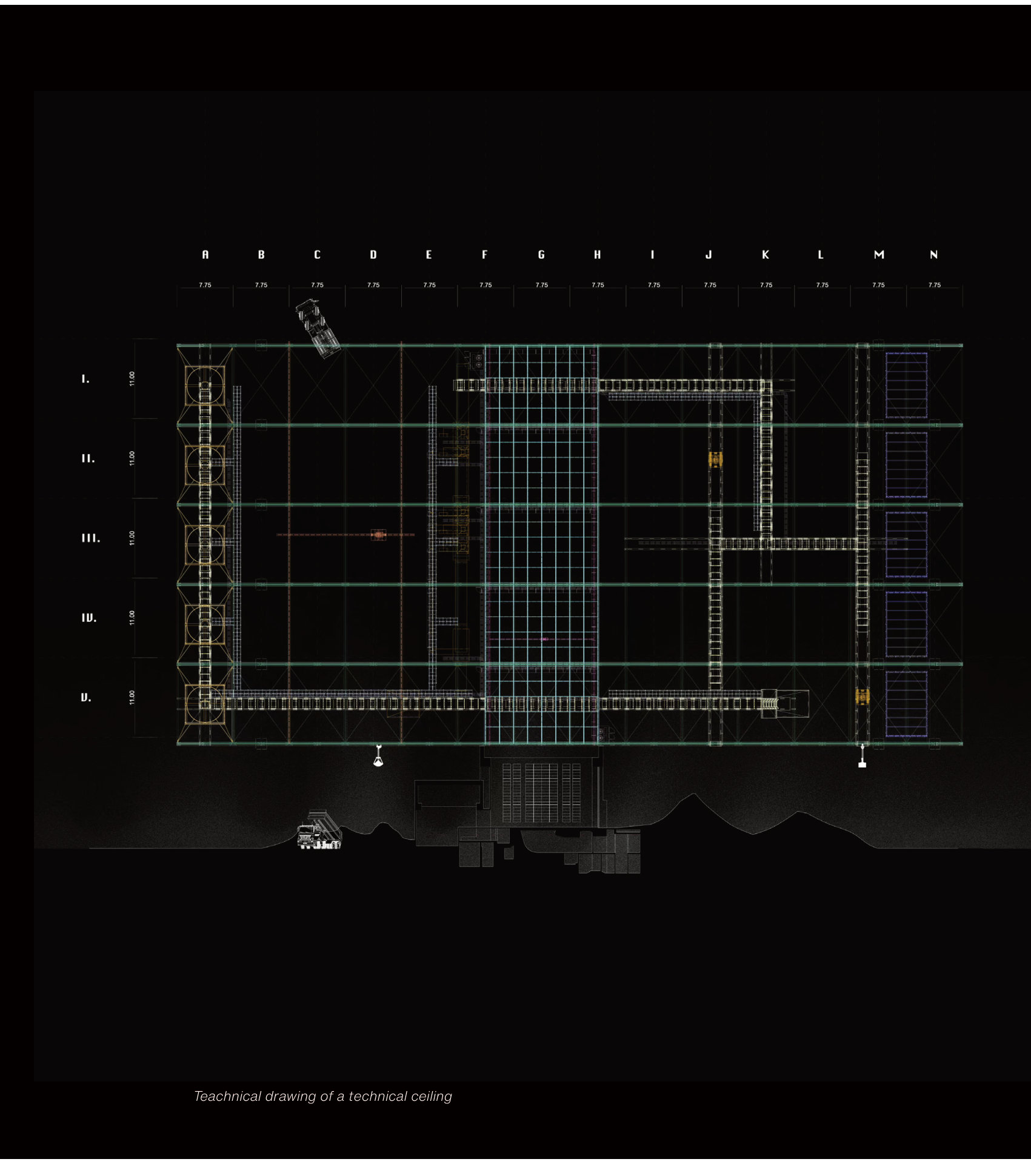 Technical drawing of the technical ceiling structure, white lines on black
