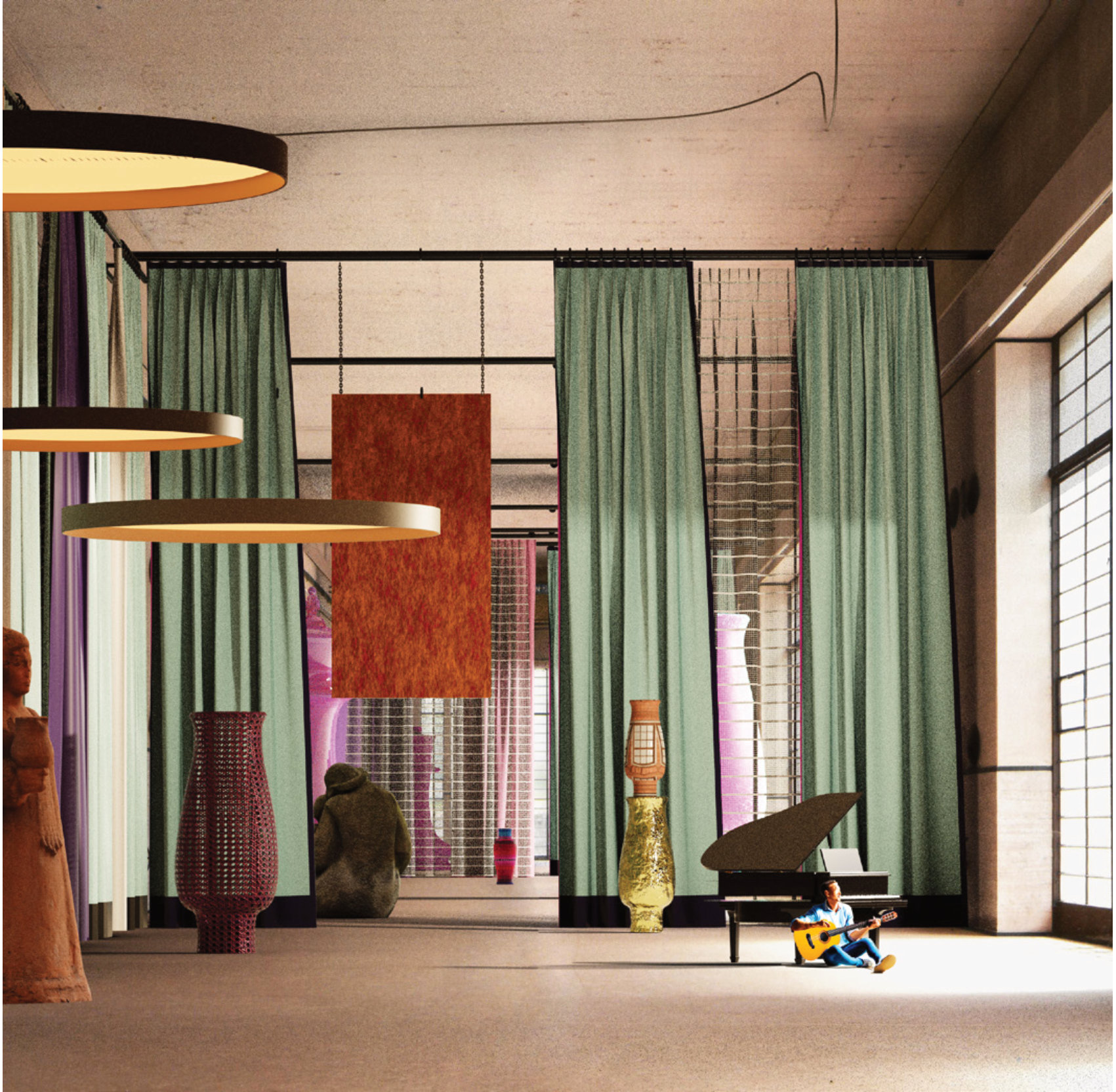 Interior render with curtains, vases and a grand piano