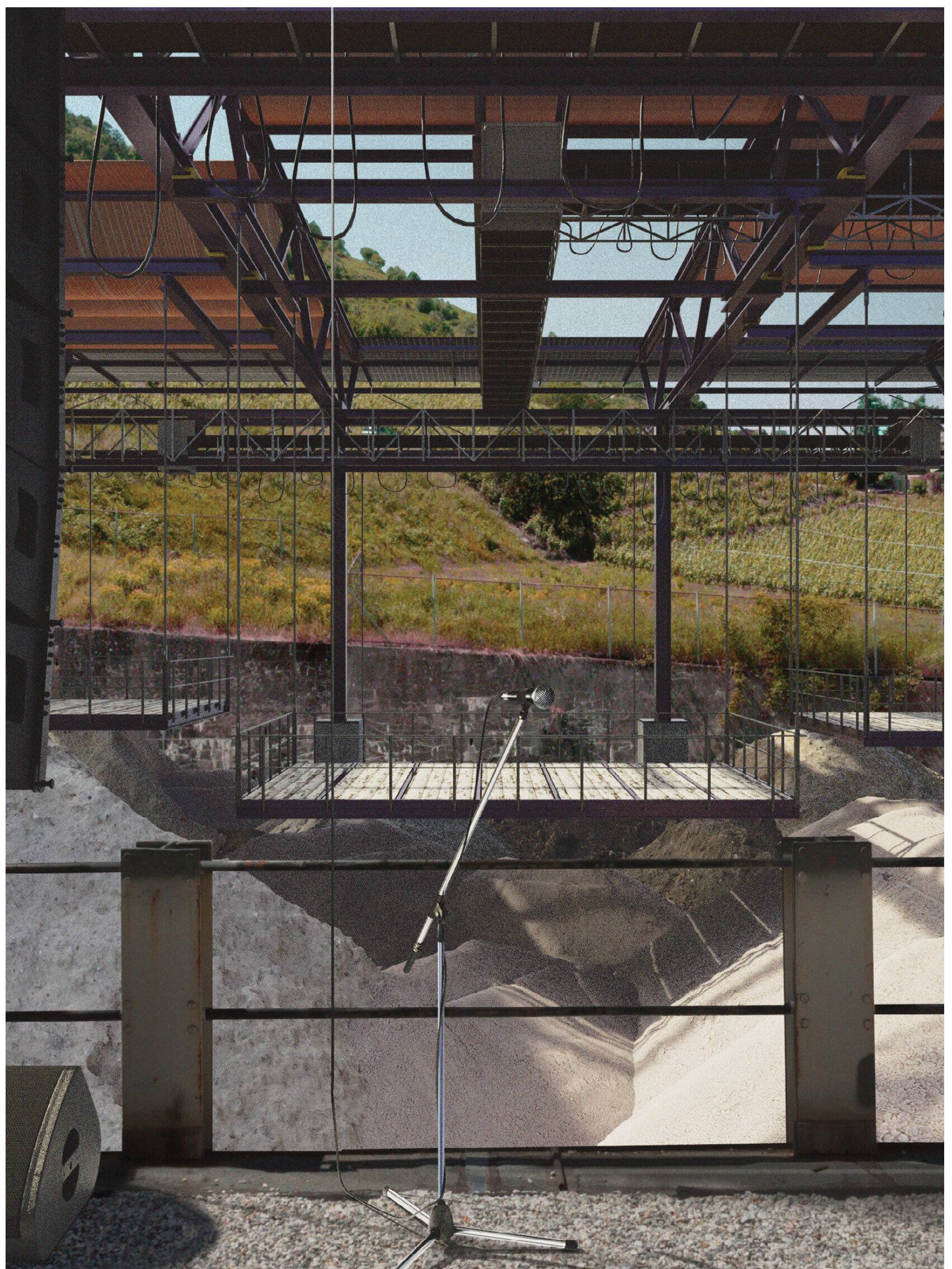 View from the stage through the steel structure onto the vineyards