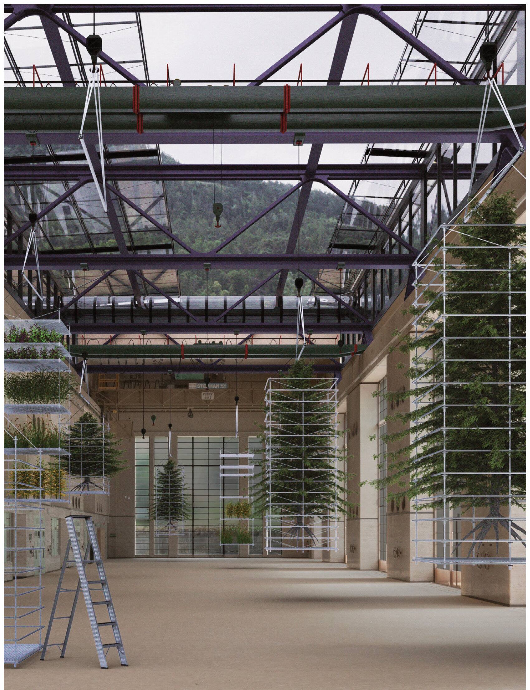 Machine hall interior with hanging plant racks and glass roof