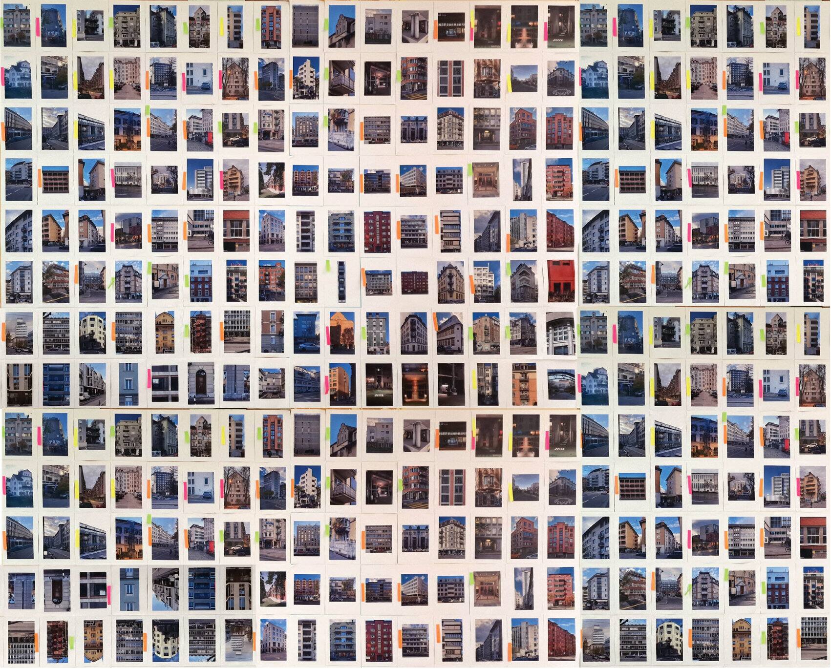 Pinboard with hundreds of photographs of Zürich facades