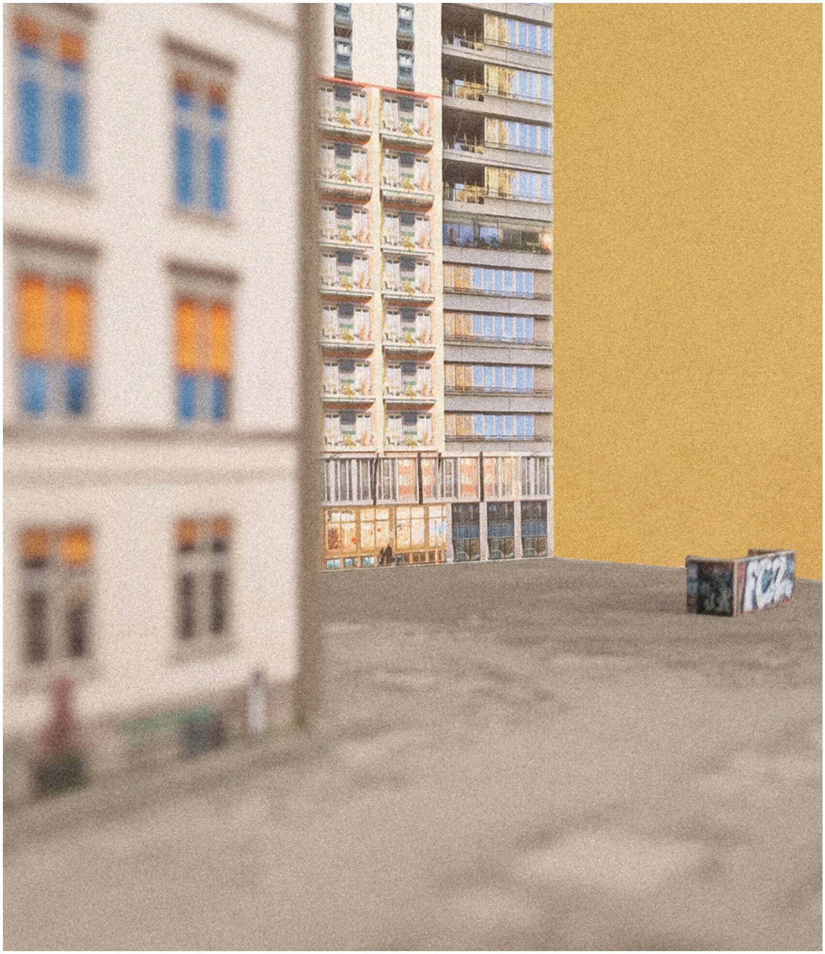Model photo vis-à-vis: yellow wall and tower