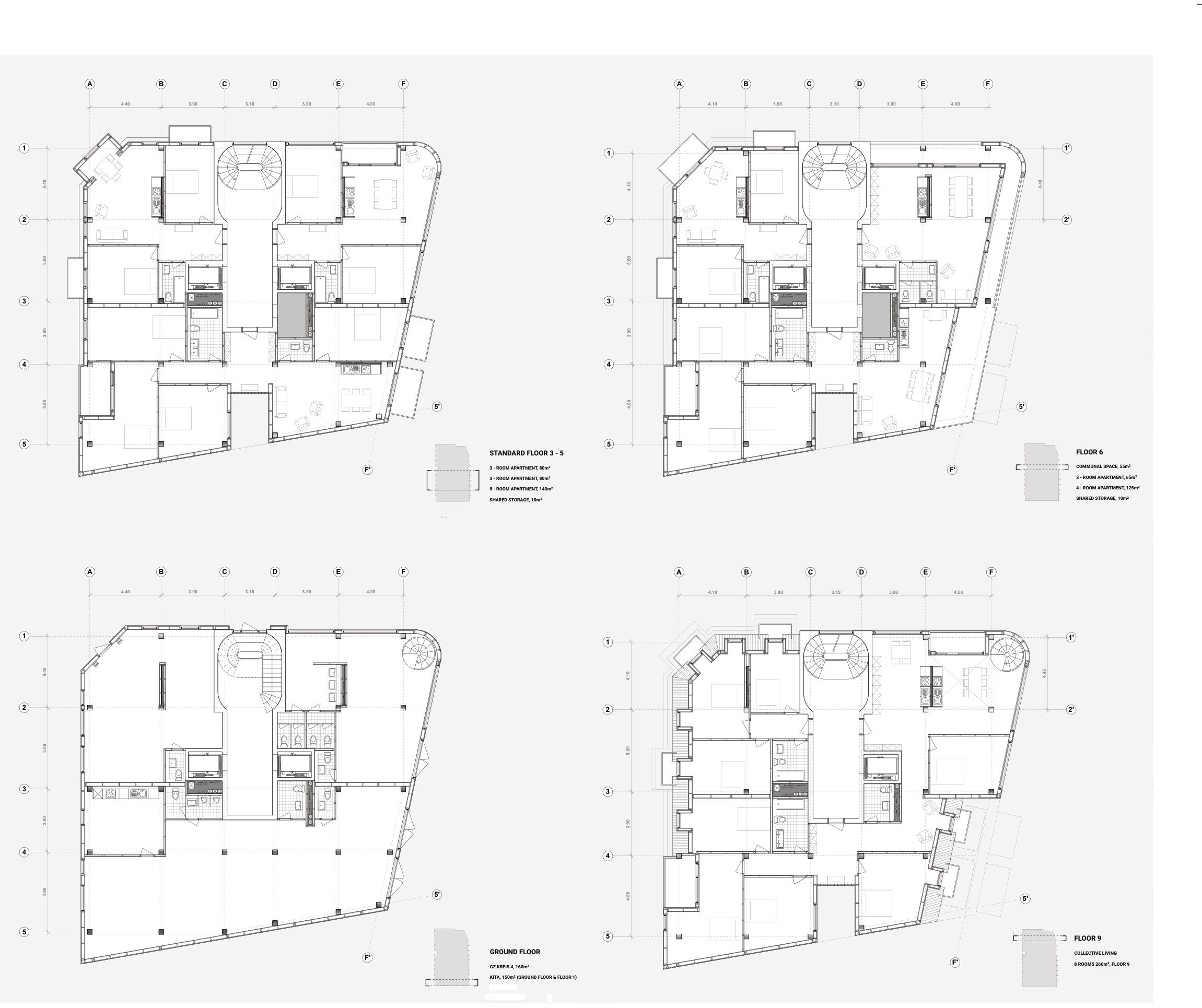 Floor plans: ground floor, standard floors, floor 6 and floor 9 collective living