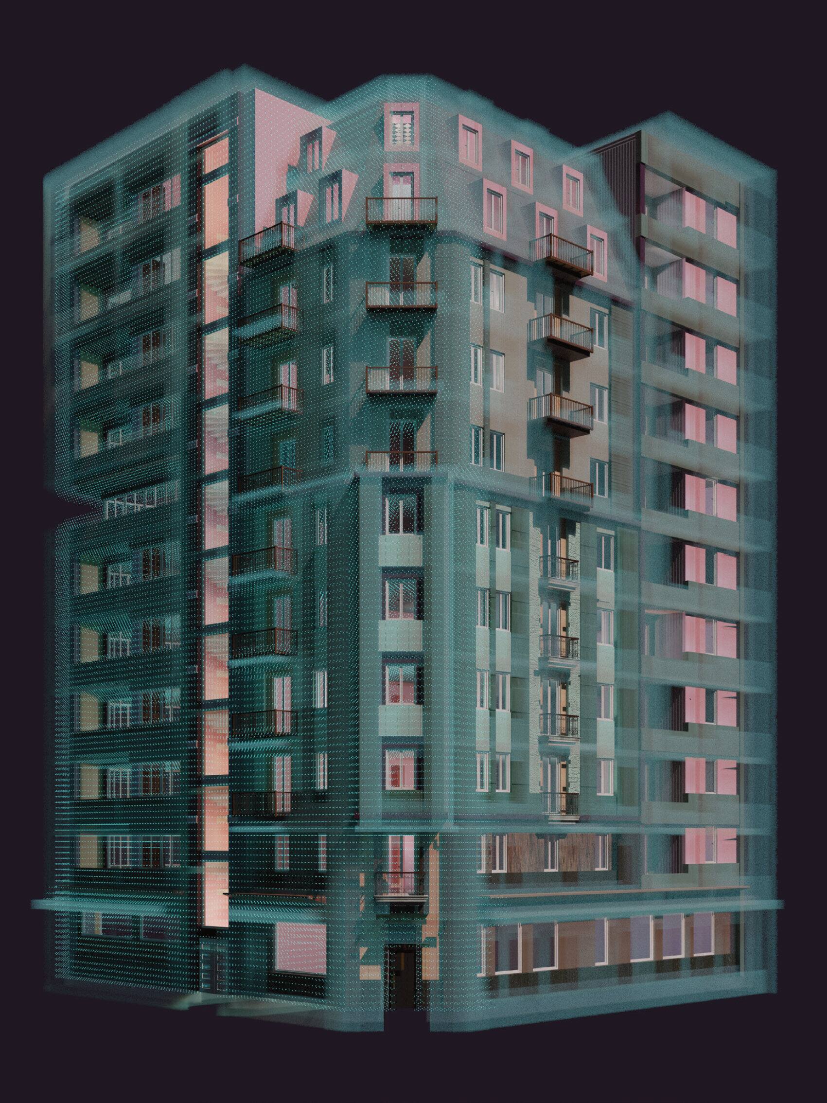 Lenticular rendering of the stranger, street corner view