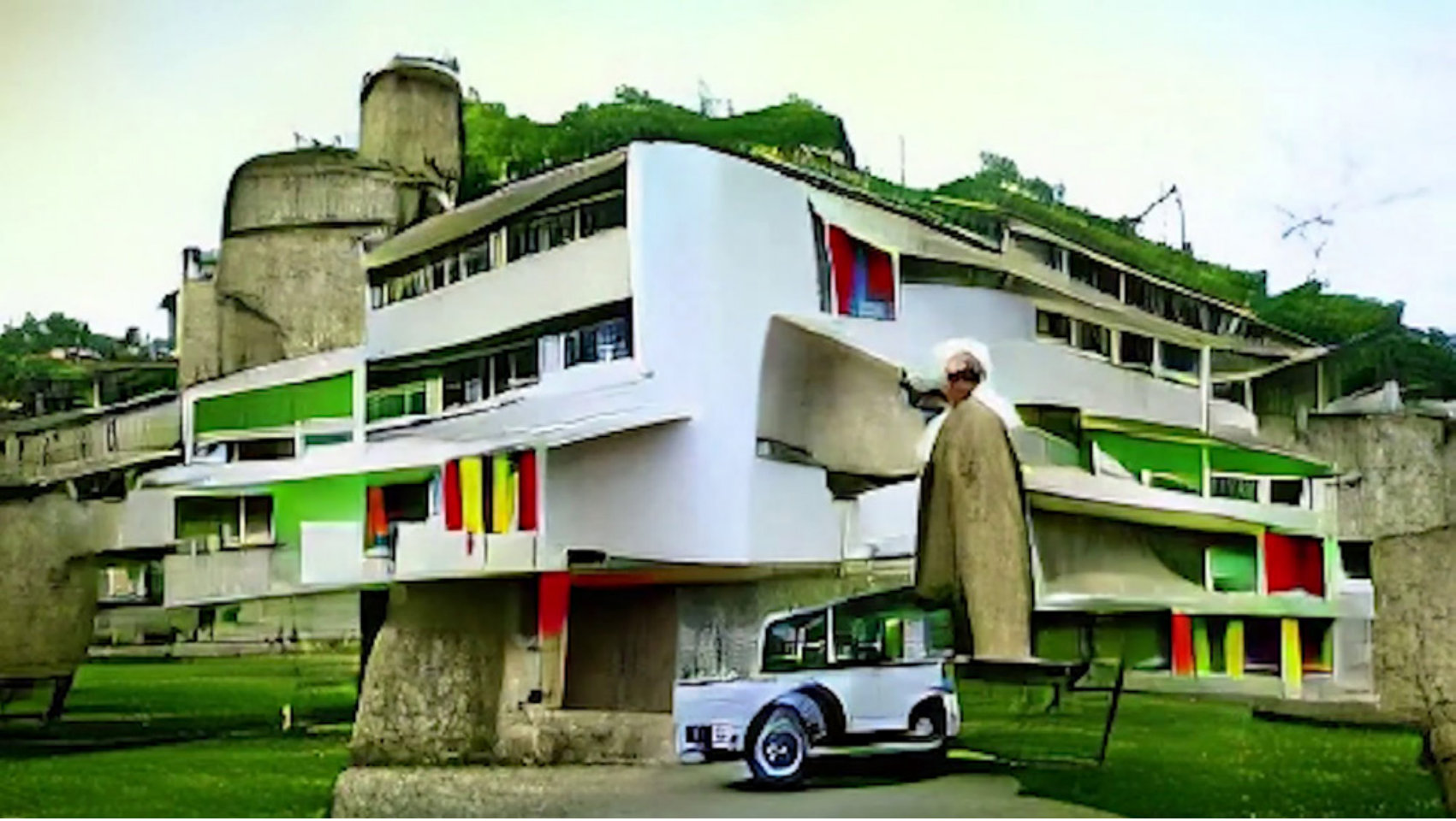 AI-generated modernist block with figures