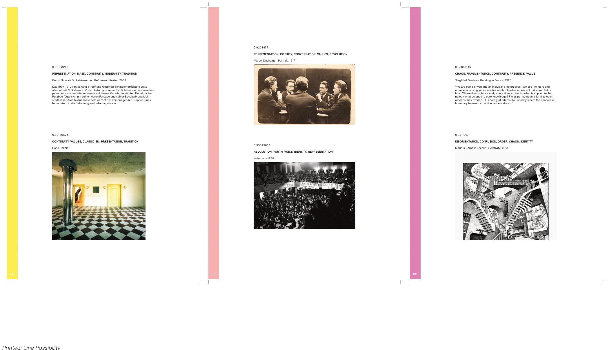 Spreads of one printed possibility of the reader with colour-coded edges